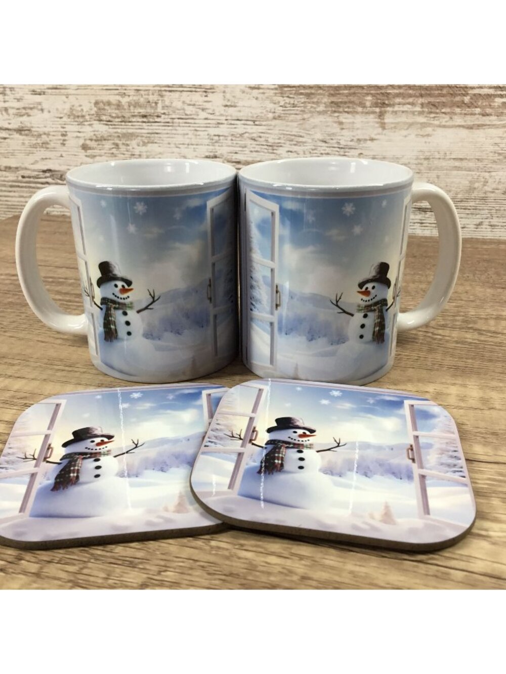 Snowman Winter Scene Coffee Mug & Matching Coasters Set 2 Ceramic 11 Oz Cups